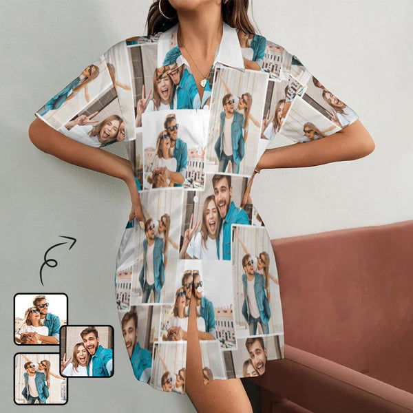 Custom Couple Photos Satin Nightgown For Women Silk Nightshirt Button Down Pajamas Dress Boyfriend Sleepshirt S-3XL
