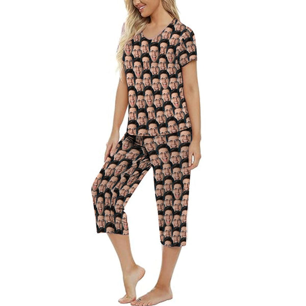 Custom Seamless Face Women's Loungewear Set Short Sleeve Shirt and Capri Pants Sleepwear Pajama Set