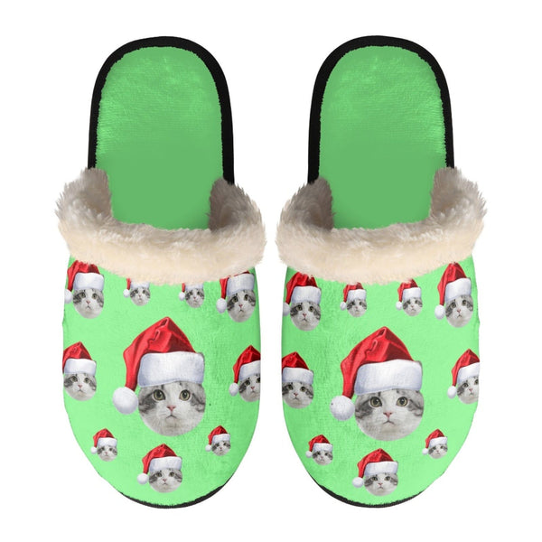Custom Face Santa Hat Fuzzy Slippers for Women and Men Christmas Personalized Photo Non-Slip Slippers Indoor Warm House Shoes