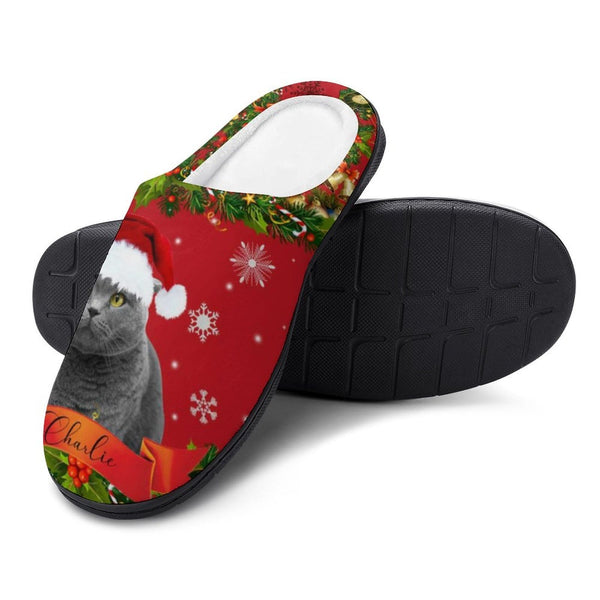 Custom Cat's Photo & Name Christmas Hat All Over Print Cotton Slippers For Men Women