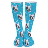 Personalised Sublimated Crew Socks With Pet Face Bone Blue Background