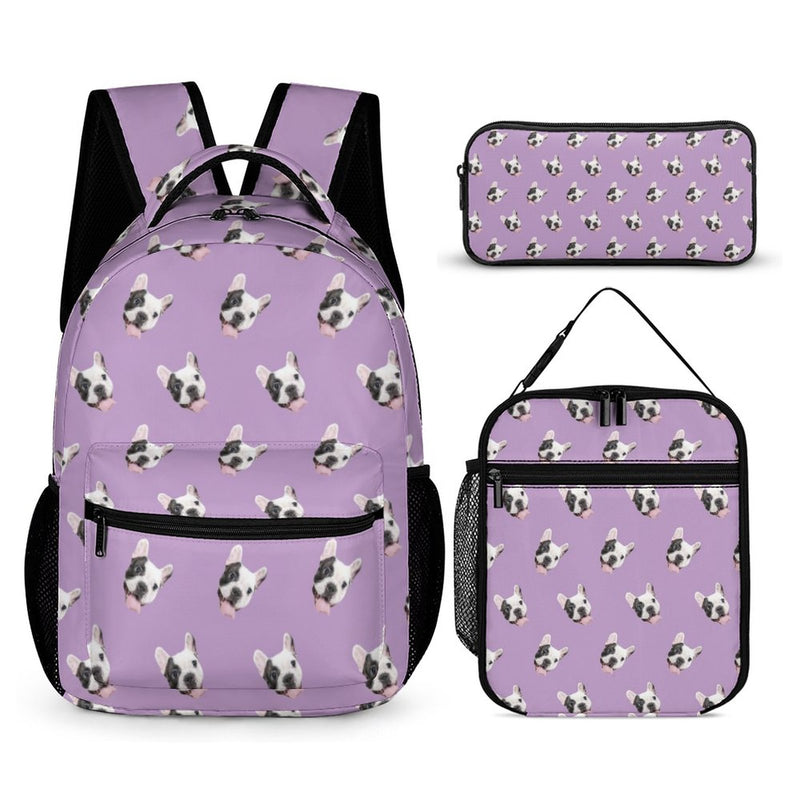 Custom Pet Face Multiple Color Options 3 in 1 Personalized School Backpack School Lunch Bag Pencil Case