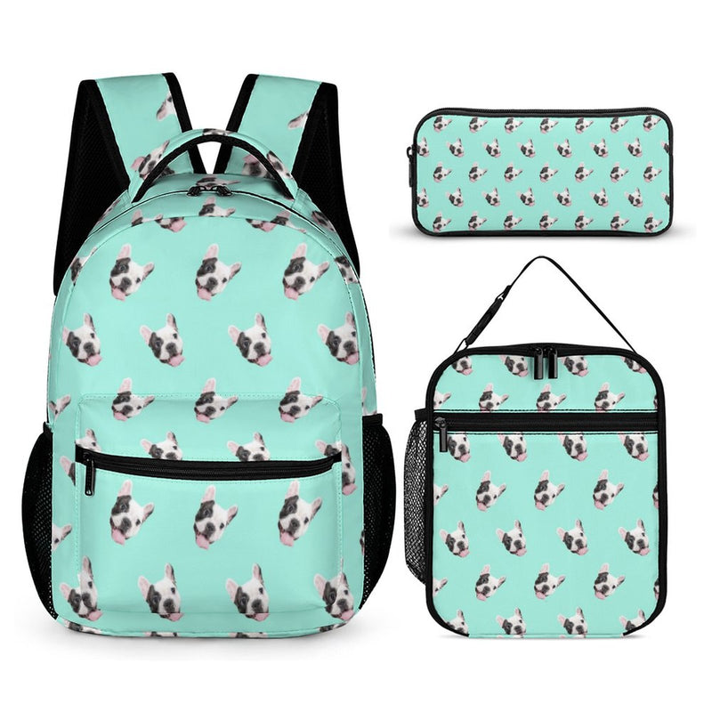 Custom Pet Face Multiple Color Options 3 in 1 Personalized School Backpack School Lunch Bag Pencil Case