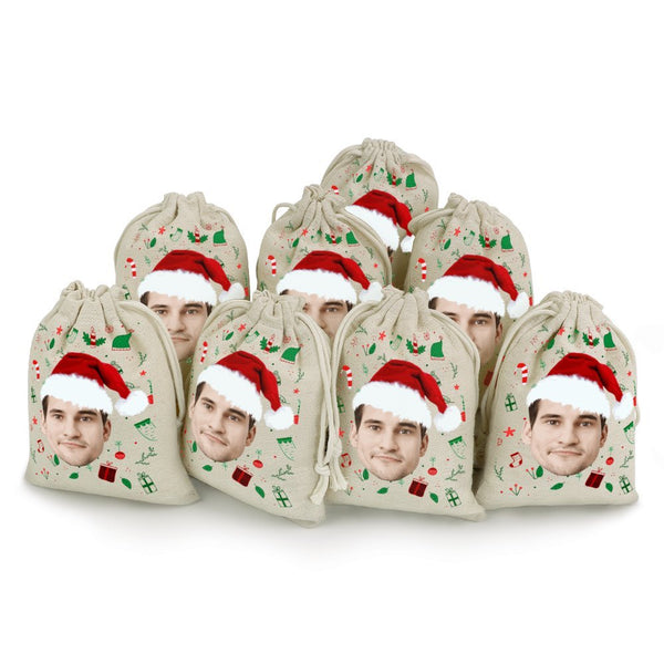 8 Pcs Personalized Customized Face Christmas Hat Cotton and Hemp Bunches Bags For Christmas Gift Bags