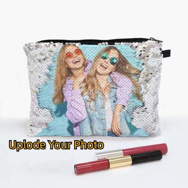 Custom Photo Flip Sequins Cosmetic Bag Personalized Sequin Photo Zippered Makeup Pouch Bag