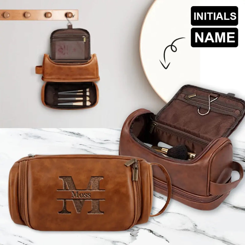 Custom Name and Initial PU Leather Large Unisex Cosmetic Bag Toiletry Bag Unique Gift For Birthday| For Mom Dad| Wedding Gifts| For Groomsmen Bridesmaids
