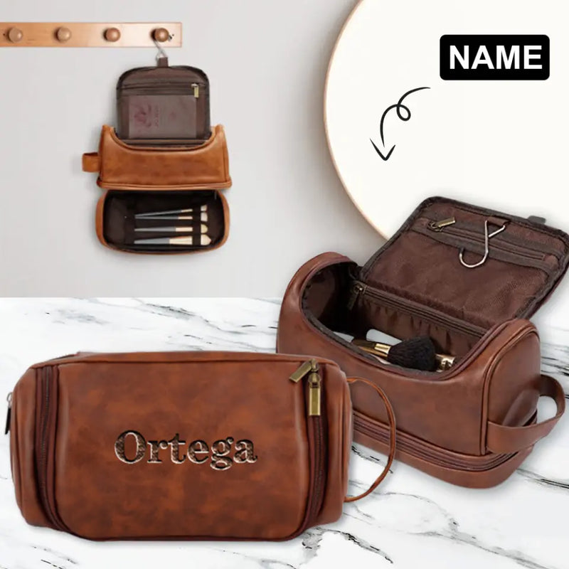 Custom Name Laser Process PU Leather Large Unisex Cosmetic Bag Toiletry Bag