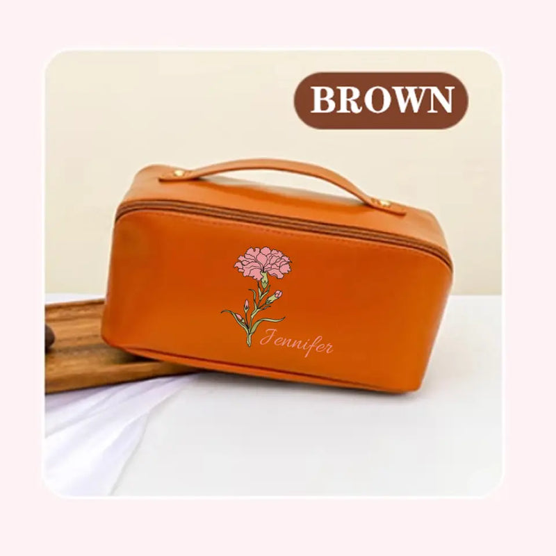 DIY Name Various Colors Personalized Birth Month Flower PU Makeup Pouch Waterproof Washbag gift for Bridesmaid Birthday