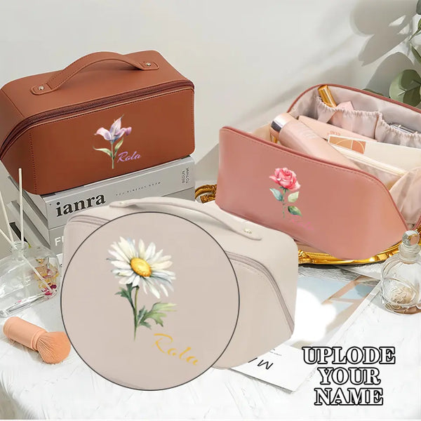 Custom Name Various Flowers Personalized Birth Month Flower PU Makeup Pouch Waterproof Washbag gift for Bridesmaid Birthday