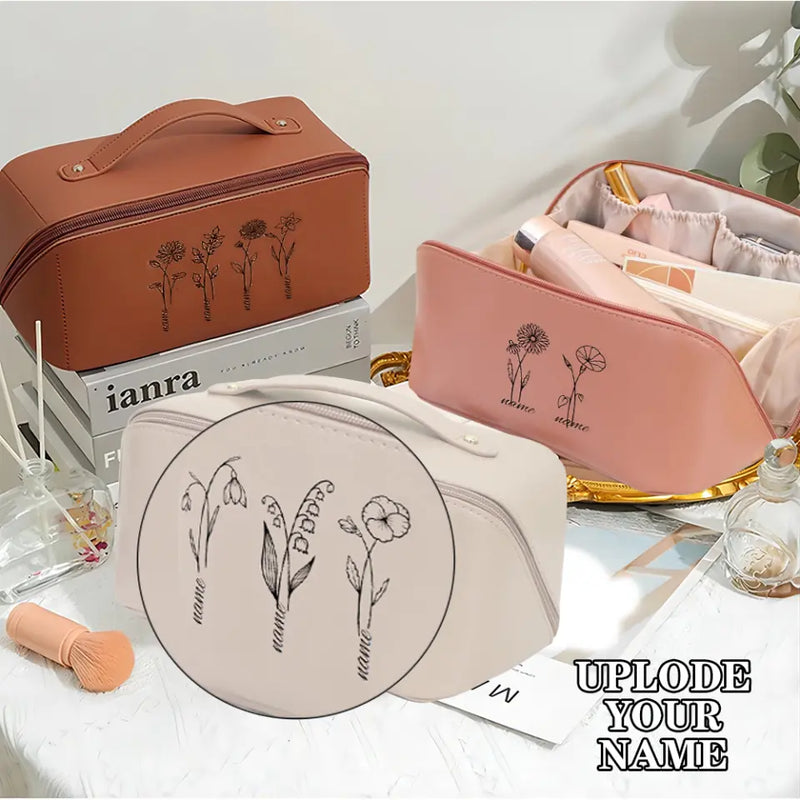 Custom Name Birth Month Flowers Cosmetic Bag Waterproof Washbag Personalized Grandmother Gift Grandma's Garden PU Makeup Pouch