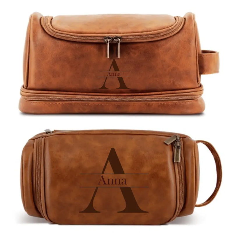 Custom Double Sides Name and Initial Laser Process PU Leather Large Unisex Cosmetic Bag Toiletry Bag