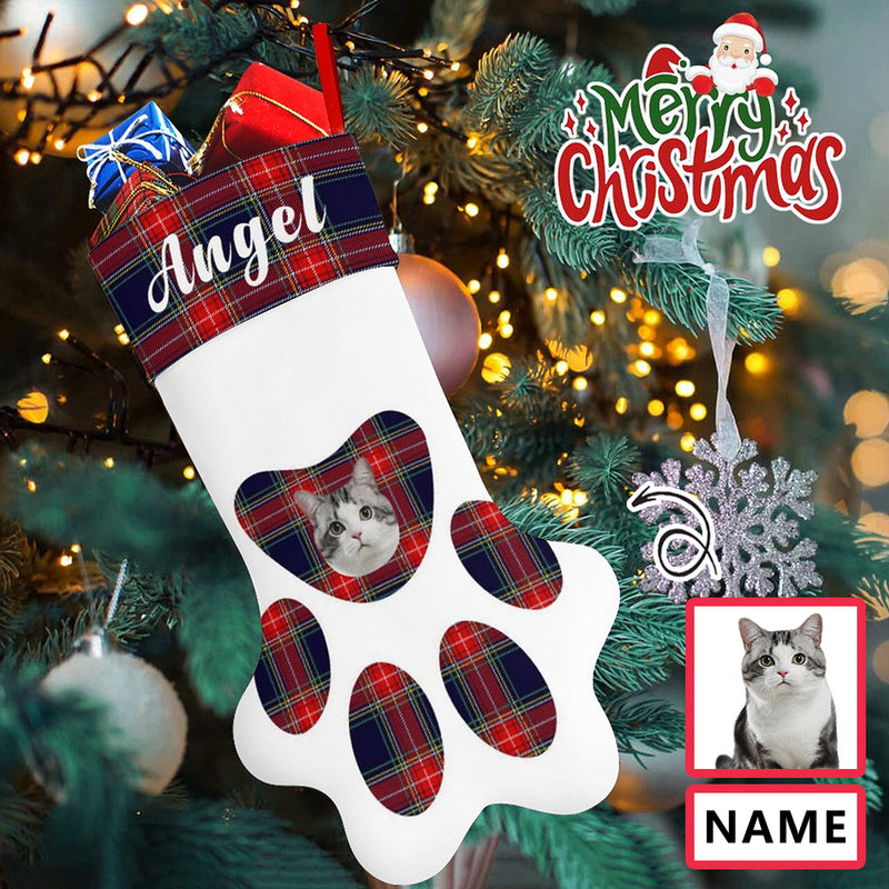 16.6in(L) Plus Size-Custom Pet Face Plaid Socks Paw Christmas Stocking Holiday Decor Gifts
