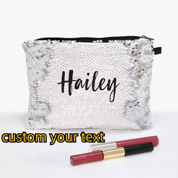 Custom Text Flip Sequins Cosmetic Bag Personalized Sequin Zippered Makeup Pouch Bag