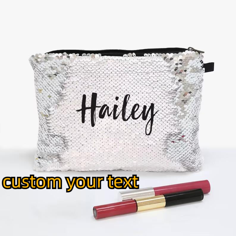 Custom Text Flip Sequins Cosmetic Bag Personalized Sequin Zippered Makeup Pouch Bag