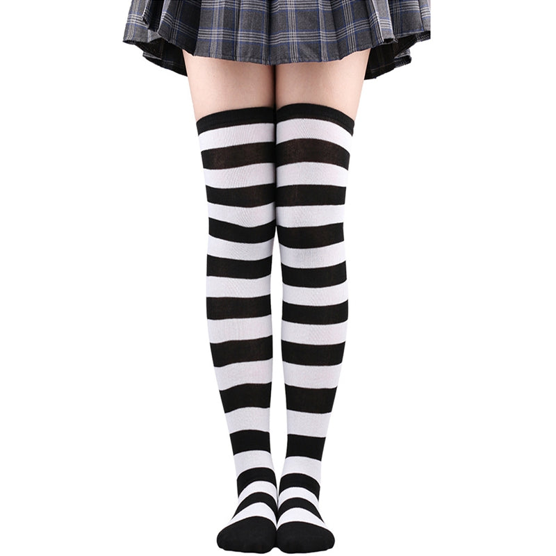 [Free Shipping]-Women Thigh High Over The Knee Socks For Ladies Black White Striped Hosiery Long Cotton Stockings Knitted Warm Soks