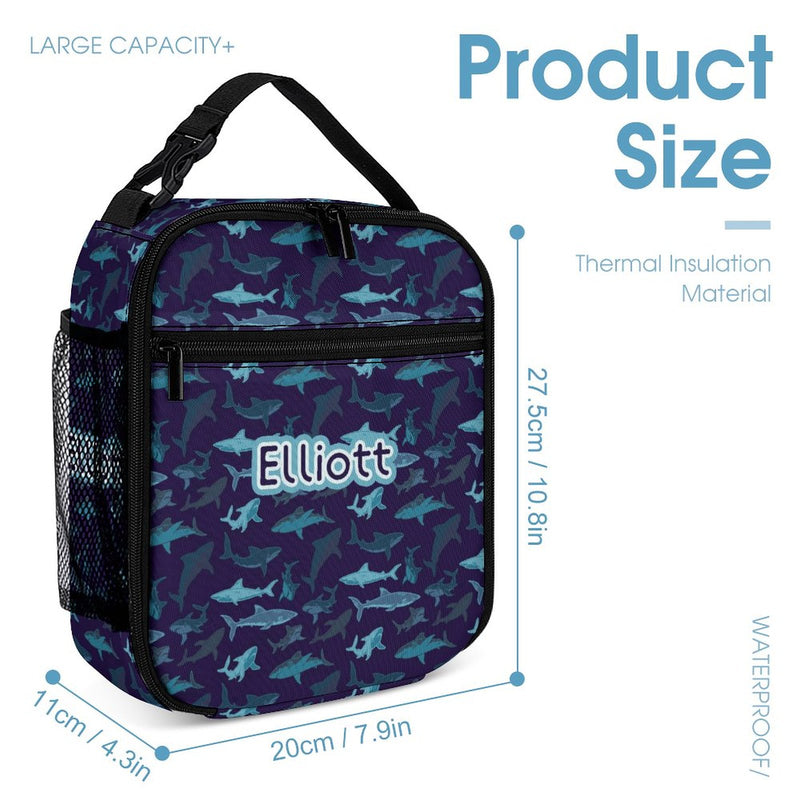 Custom Name&Text Blue Shark 3 in 1 Personalized School Backpack School Lunch Bag Pencil Case