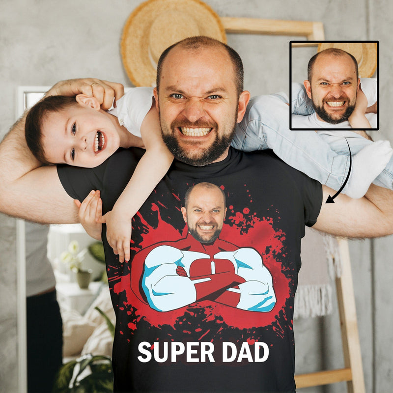 Custom Face Super Dad T-Shirt Funny Birthday Holiday Gift Tee