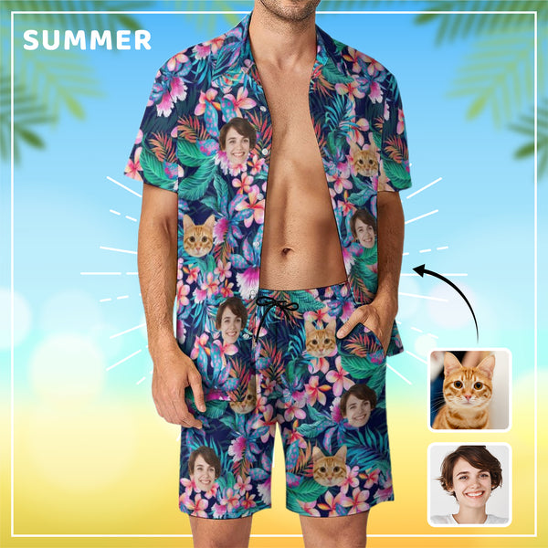 Personalized Men's Beach Suit Custom Pet Face Flowers Men's Hawaiian Shirt and Beach Shorts