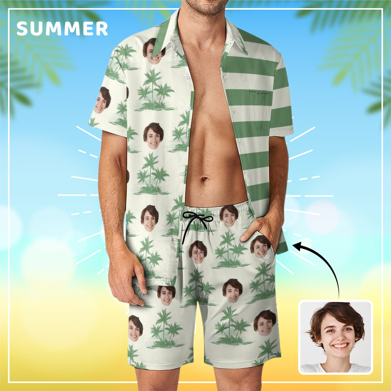 Personalized Men's Beach Suit Custom Face Green Asymmetrical Stripes Men's Hawaiian Shirt and Beach Shorts