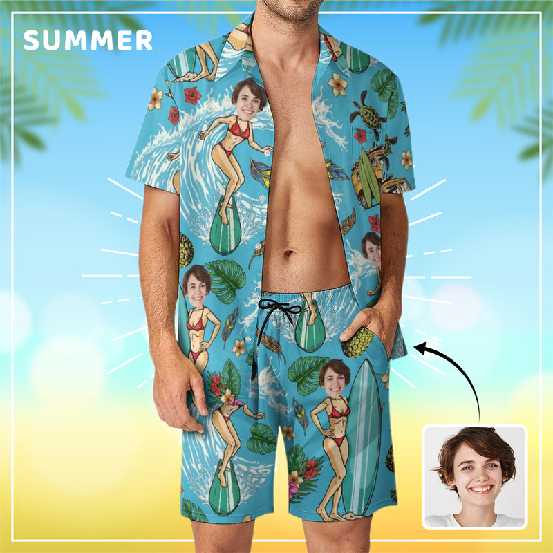 Personalized Men's Beach Suit Custom Face Bikini Beauty Men's Hawaiian Shirt and Beach Shorts