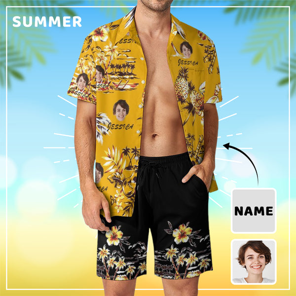 Personalized Men's Beach Suit Custom Face&Name Yellow Men's Hawaiian Shirt and Beach Shorts