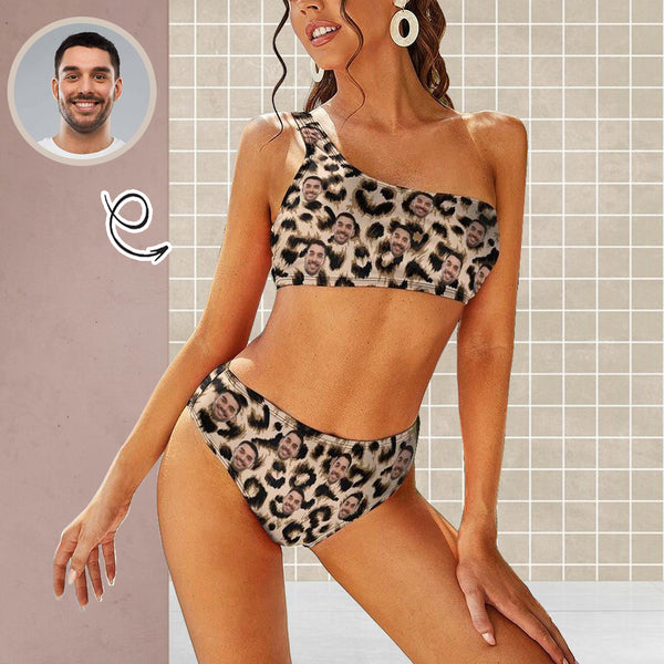 Personalized One Shoulder Stringless Low Waited Bikini Custom Face Leopard