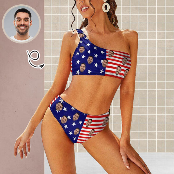 Personalized One Shoulder Stringless Low Waited Bikini Custom Face USA Flag