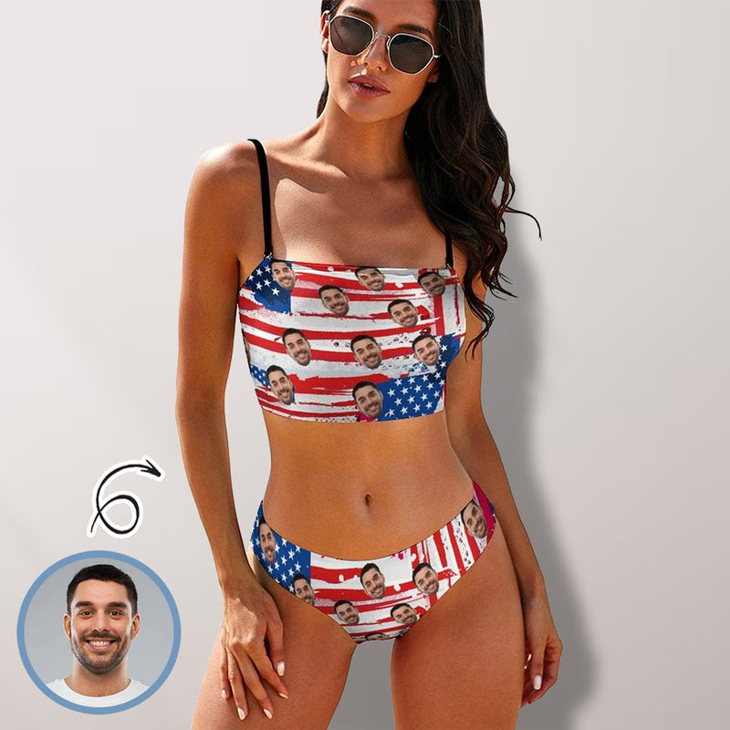 Personalized Suspenders Bandeau Bikini Set Custom Husband Face USA Flag Bathing Suit