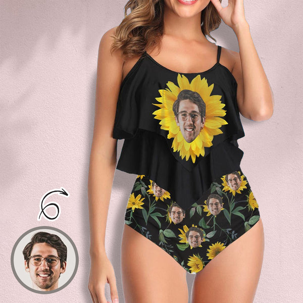 Personalized Double Ruffled Tankini Custom Face Sunflower High Waisted Bathing Suit Summer Swimsuit
