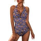 Customized Face Halter Neck Blue Pink Leopard Print Two Piece Swimsuit