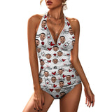 Customized Face Halter Neck Love Text And Love Design White Two Piece Swimsuit