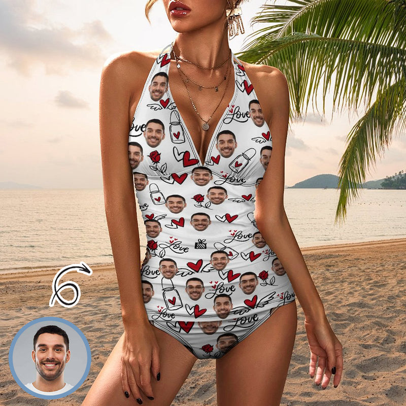 Customized Face Halter Neck Love Text And Love Design White Two Piece Swimsuit