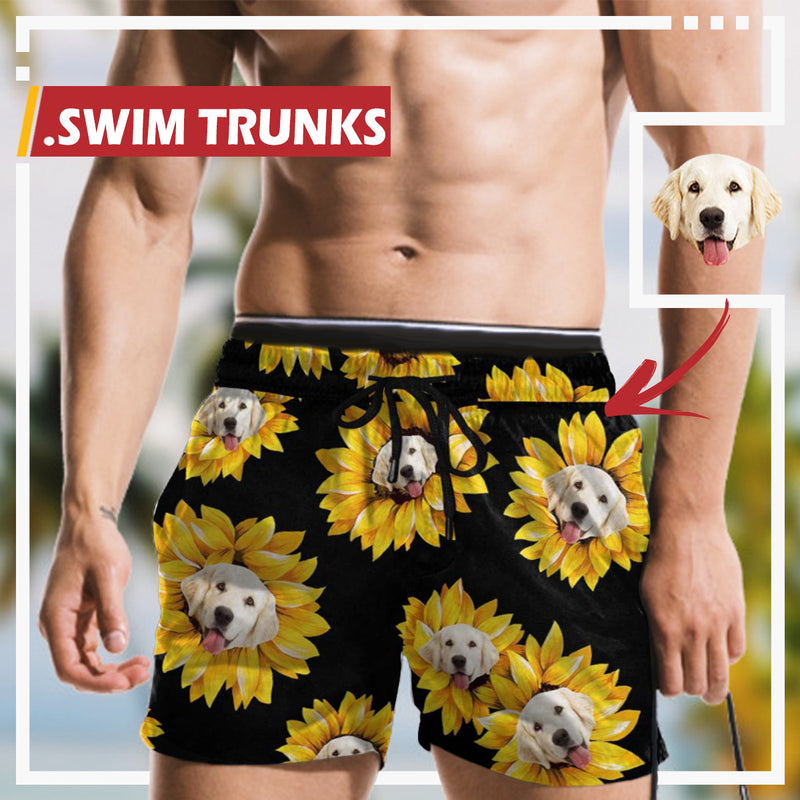 Men's Quick Dry Swim Shorts with Dog's Face Custom Mens Trunks Personalized Face Sunflower