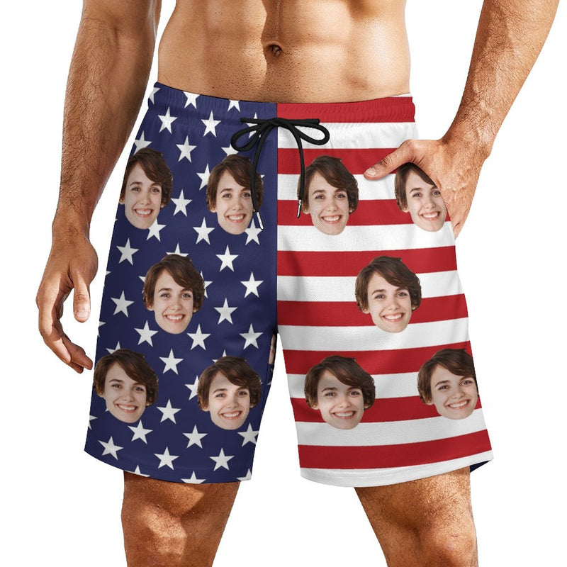 Men's Custom Face US Flag Elastic Fashion 2 in 1 Sports Board Shorts Beach Shorts