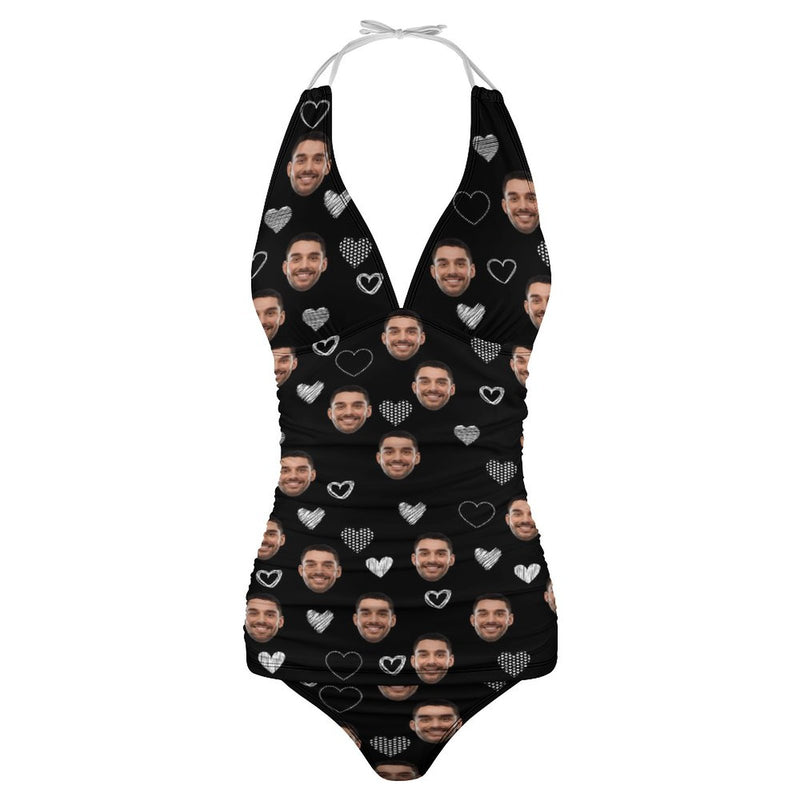 Customized Face Halter Neck Love Design Black Two Piece Swimsuit