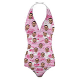 Customized Face Halter Neck Love Heart Design Pink Two Piece Swimsuit