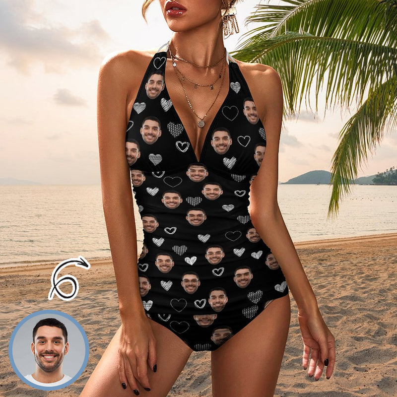 Customized Face Halter Neck Love Design Black Two Piece Swimsuit
