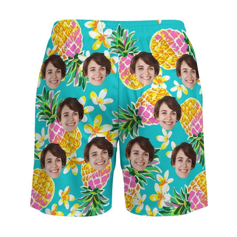 Men's Custom Face 2 in 1 Sports Board Shorts Beach Shorts Pineapple Flower Elastic Fashion Personlized Beach Shorts