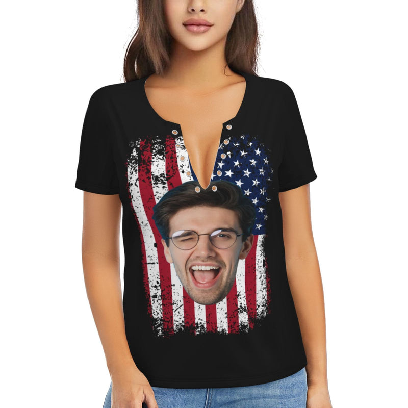 American Flag Shirt Tops Womens Custom Face 4th of July T-Shirts Ring Hole Short Sleeve Sexy V-Neck Patriotic Tees