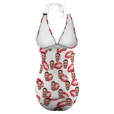 Customized Face Halter Neck Lipstick Marks On Lips Design White Two Piece Swimsuit