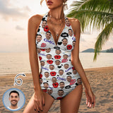 Customized Face Halter Neck Red Lips Love Heart Design White Two Piece Swimsuit