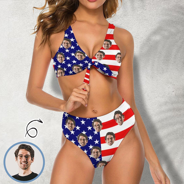 American Flag Style Chest Strap High Waisted Bikini Custom Face Women's Two Piece Swimsuit Personalized Bathing Suit