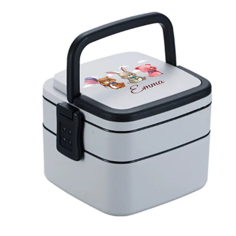 Custom Name Microwaveable Lunch Box Double Layer Square Lunch Box with Cutlery Lunch Box