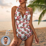 Customized Face Halter Neck Lipstick Marks On Lips Design White Two Piece Swimsuit