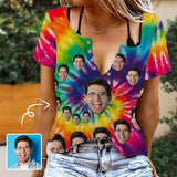 Tie-dye Colored Shirt Tops Womens Custom Face T-Shirts Ring Hole Short Sleeve Sexy V-Neck Tees