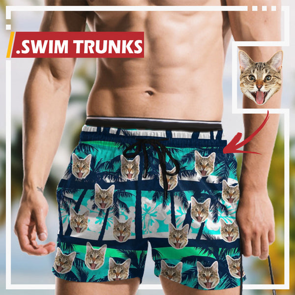 Men's Quick Dry Swim Shorts Custom Face Coconut Trees Men's Print Cat Face Personalized Swim Trunks