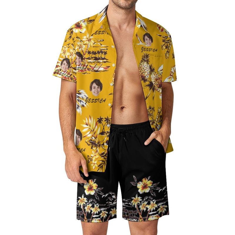 Personalized Men's Beach Suit Custom Face&Name Yellow Men's Hawaiian Shirt and Beach Shorts