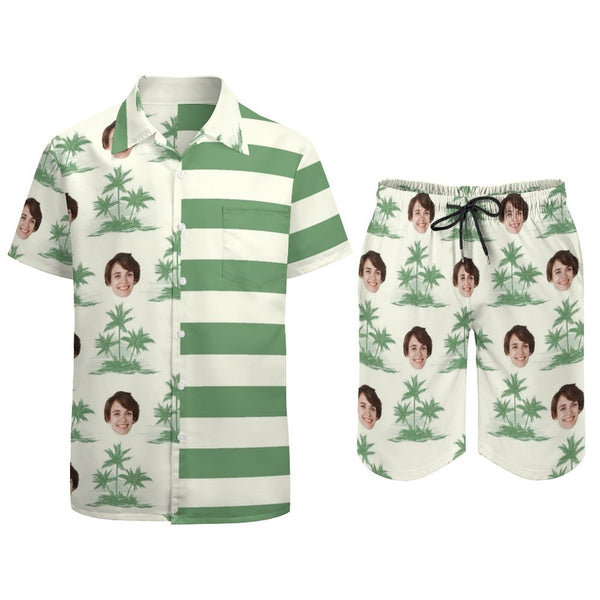 Personalized Men's Beach Suit Custom Face Green Asymmetrical Stripes Men's Hawaiian Shirt and Beach Shorts