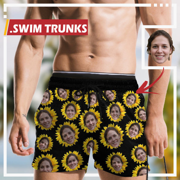 Men's Quick Dry Swim Shorts Custom Made Swim Trunks with Girlfriend's Face Print Sunflower