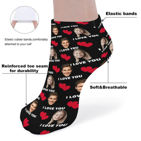 Personalized Photo Low Cut Ankle Socks With Your Lover's Face I Love You Black Background